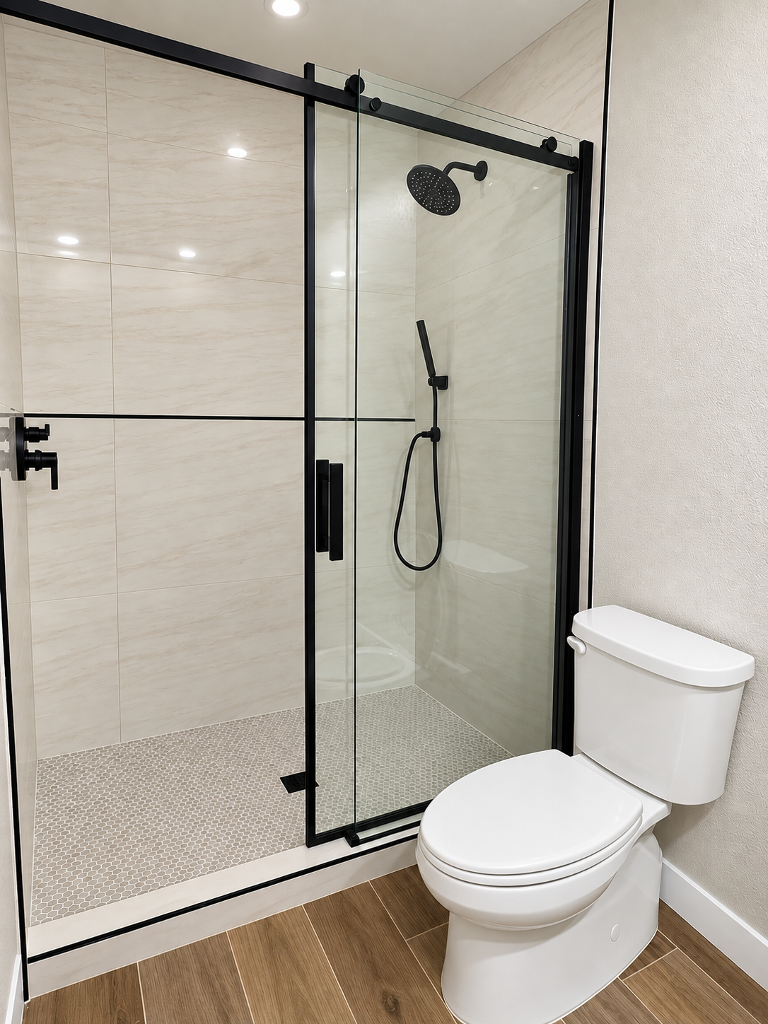 Bathroom with black-framed glass shower, matte-black fixtures, and warm wood-look flooring